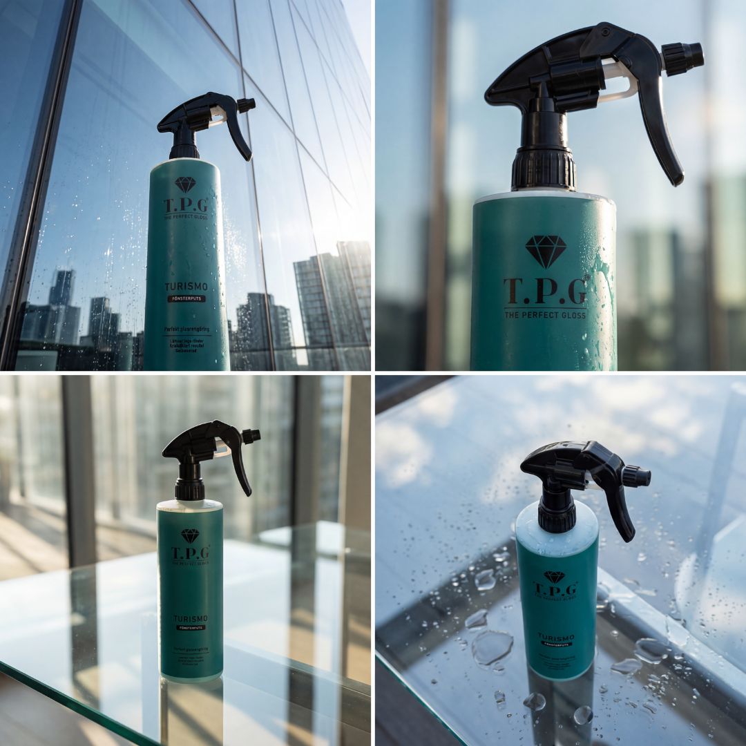 T.P.G. cleaning spray bottle being used on a glass surface with cityscape background