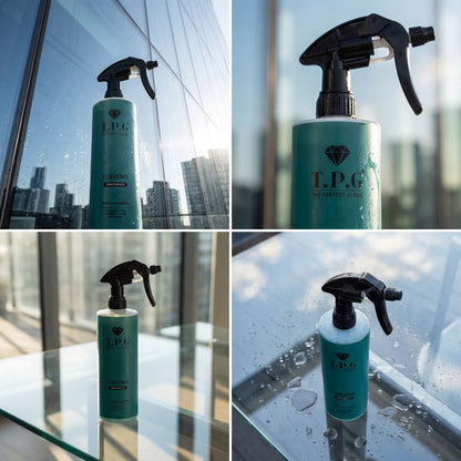 T.P.G. cleaning spray bottle being used on a glass surface with cityscape background